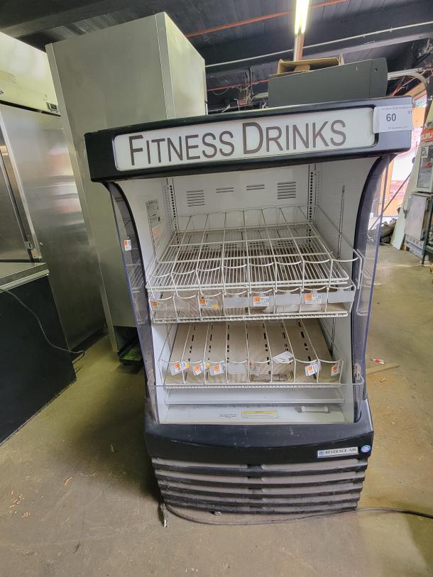 Beverage-Air BZ13-1-B vertical display refrigerator, open-front, ideal for packaged drinks. Features "Fitness Drinks" signage.