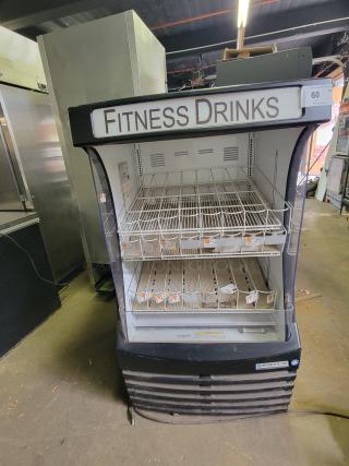 Beverage-Air BZ13-1-B vertical display refrigerator, open-front, ideal for packaged drinks. Features "Fitness Drinks" signage.