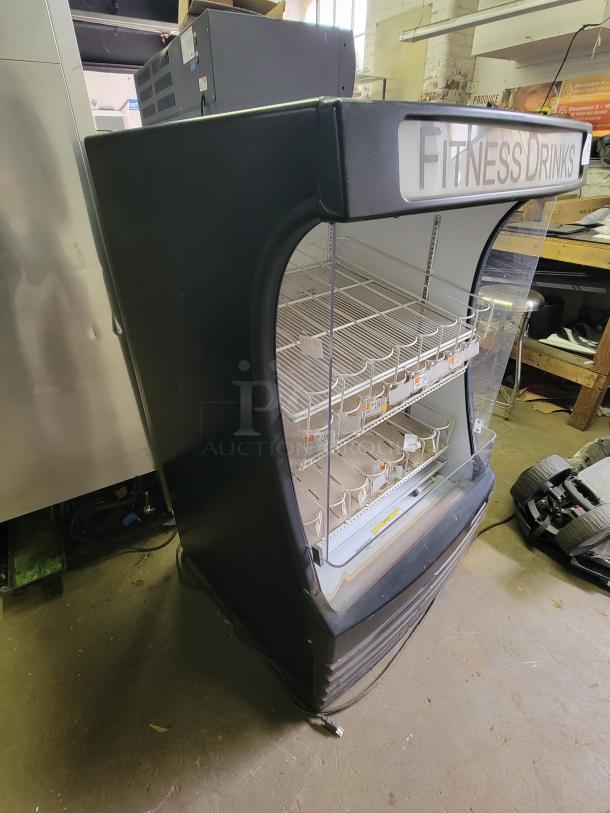 Beverage-Air BZ13-1-B vertical display refrigerator, open-front, labeled "Fitness Drinks," with white wire shelves.