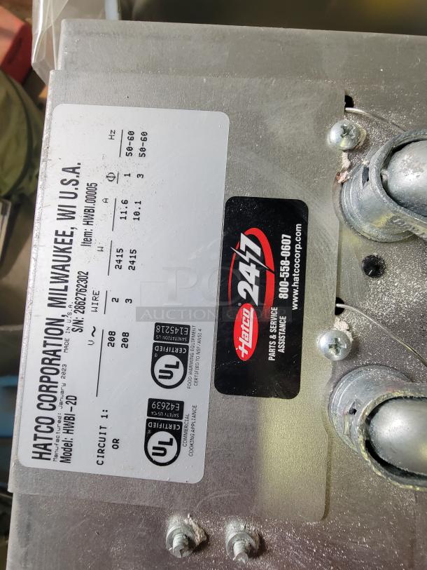 Hatco Corporation model MWBI-20 label, Milwaukee, USA. Shows electrical details and UL certifications.