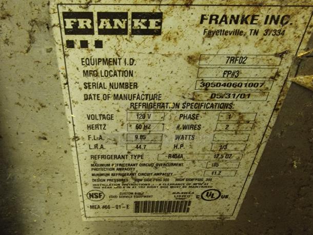 Franke 7RF02 wall mount stainless steel filet freezer label. Model and serial numbers with specs visible; used condition.