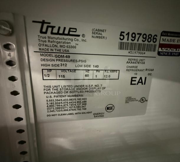 True 3 Glass Door Commercial Refrigerator, Model GDM-69, label details, NSF certified, made in the USA.