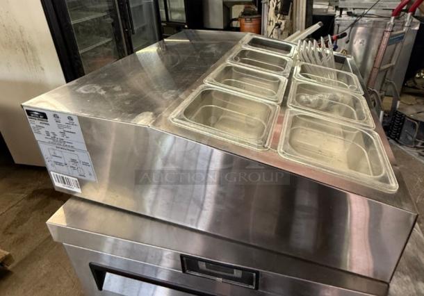 Arctic Air ACP8SQ refrigerated prep rail, stainless steel, like-new, nine compartments, ideal for restaurants and cafes.