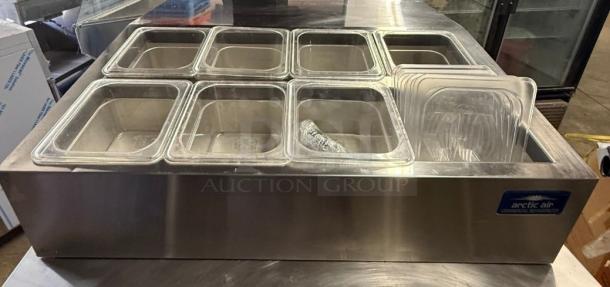 Artic Air ACP8SQ refrigerated prep rail, stainless steel, features multiple compartments, like-new condition. Ideal for restaurants.