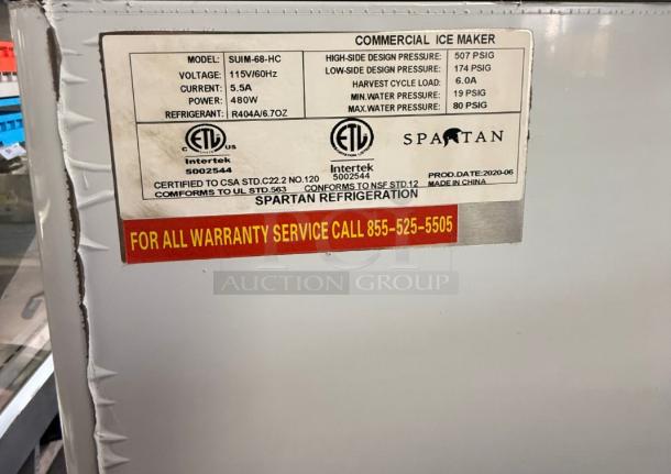 Spartan SUIM-68 Ice Maker label, showing model, voltage, current, power, refrigerant, and pressure specifications.