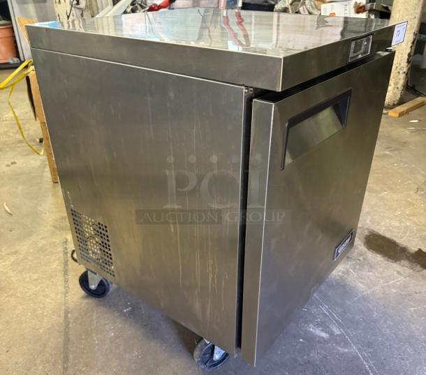 Bison BUR-27 commercial refrigerator, steel finish, on wheels, suitable for bars and cafes. Durable, used condition.