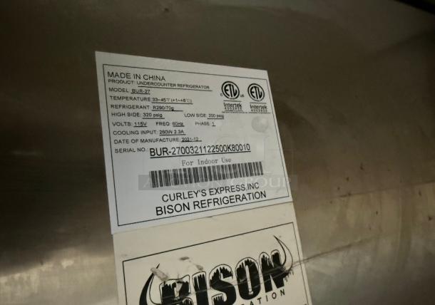 Bison BUR-27 commercial refrigerator label showing model and specs; suitable for restaurants, made in China, manufactured in 2021.