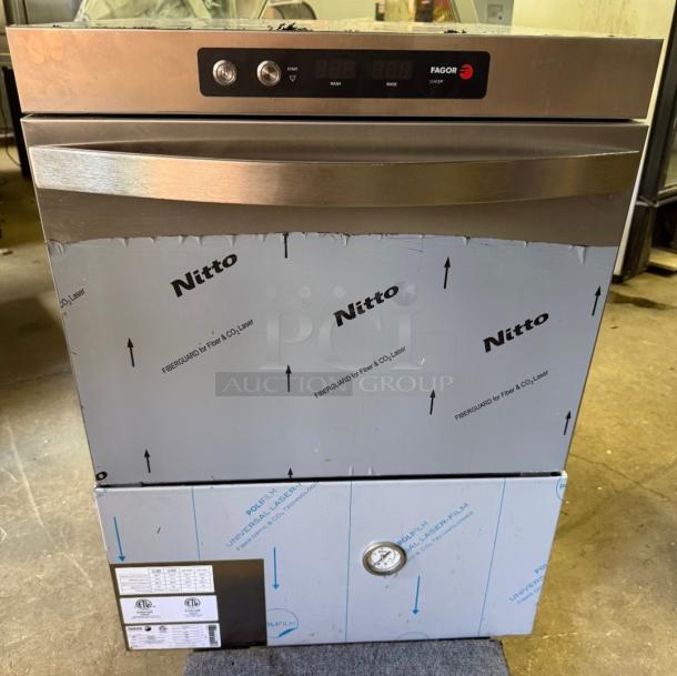 Fagor CO-500W undercounter dishwasher, stainless steel, high-temp sanitizing, model visible, protective film intact.