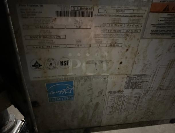Pitco SSHBN55 fryer label, showing model number, 80,000 BTU/hr, 115V, NSF certified, Energy Star logo for commercial use.
