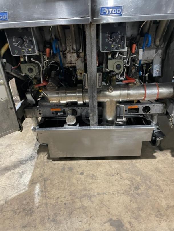 Pitco FG-SGH50 4-Bay Stainless Steel Deep Fryer, natural gas, on casters. Includes basket hangers, oil filter, and blue gas hose.