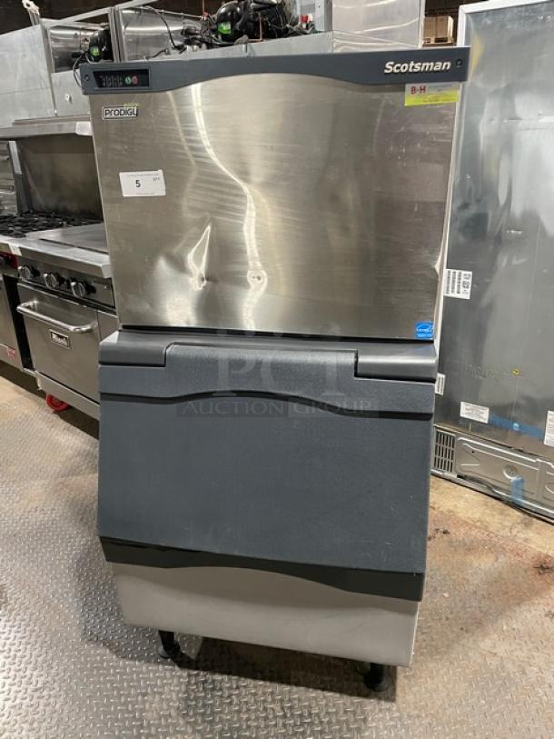 Scotsman Prodigy Series commercial ice machine head/bin combo, stainless steel, Model C0330SA1C/B330P, Energy Star certified, on legs.