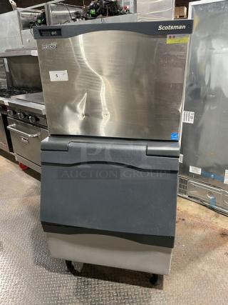 Scotsman Prodigy Series commercial ice machine head/bin combo, stainless steel, Model C0330SA1C/B330P, Energy Star certified, on legs.