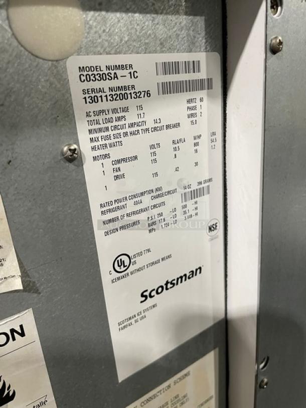 Scotsman Prodigy Series ice maker label showing model C0330SA-1C, serial 13011320013276. 115V, NSF certified.