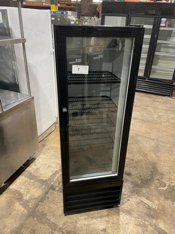 Avantco commercial glass door refrigerator, model 178GDC10, black, with wire racks, 115V, on legs, and swing door.