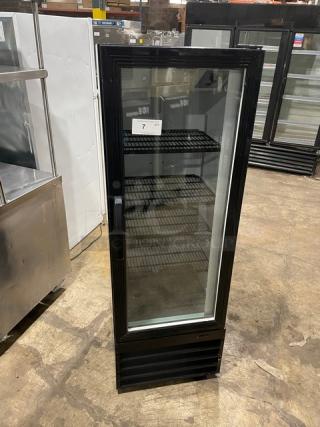 Avantco commercial glass door refrigerator, model 178GDC10, black, with wire racks, 115V, on legs, and swing door.