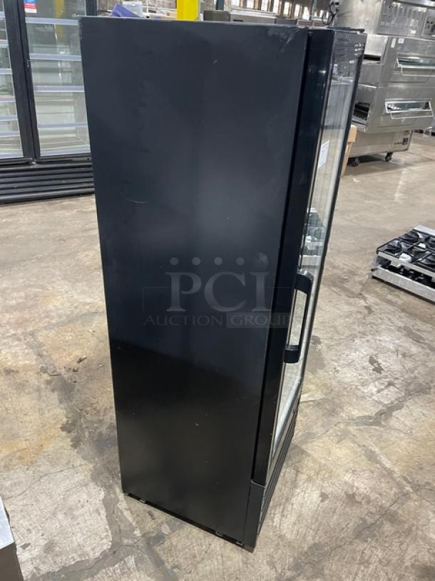 Avantco Commercial Black Glass Door Refrigerator, Model 178GDC10, on legs, with coated wire racks. 115V.