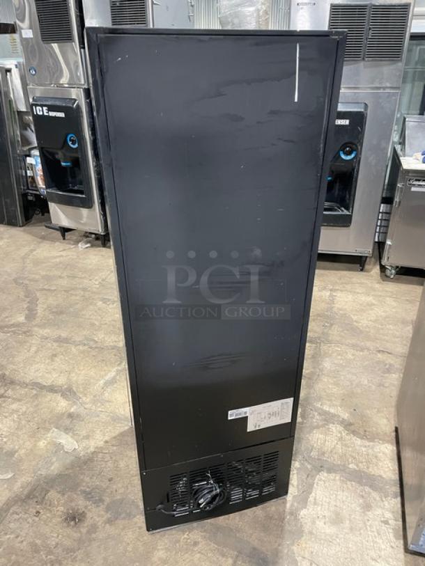 Avantco commercial black refrigerator, model 178GDC10, single glass swing door, coated wire racks, on legs, 115V.