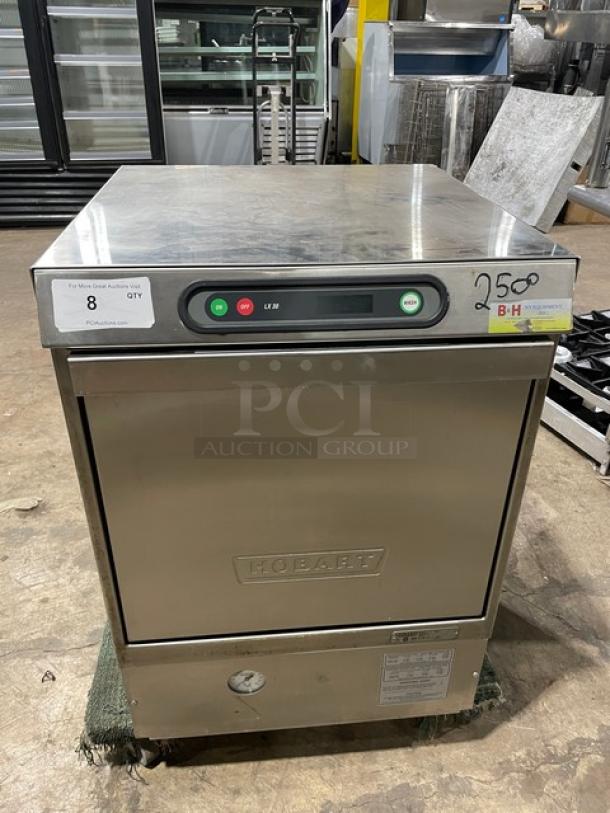 Hobart LX30H commercial stainless steel undercounter dishwasher, electric, 120/208V, 1 phase, model and serial labels visible.