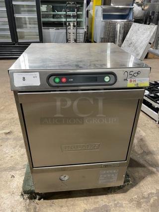Hobart LX30H commercial stainless steel undercounter dishwasher, electric, 120/208V, 1 phase, model and serial labels visible.