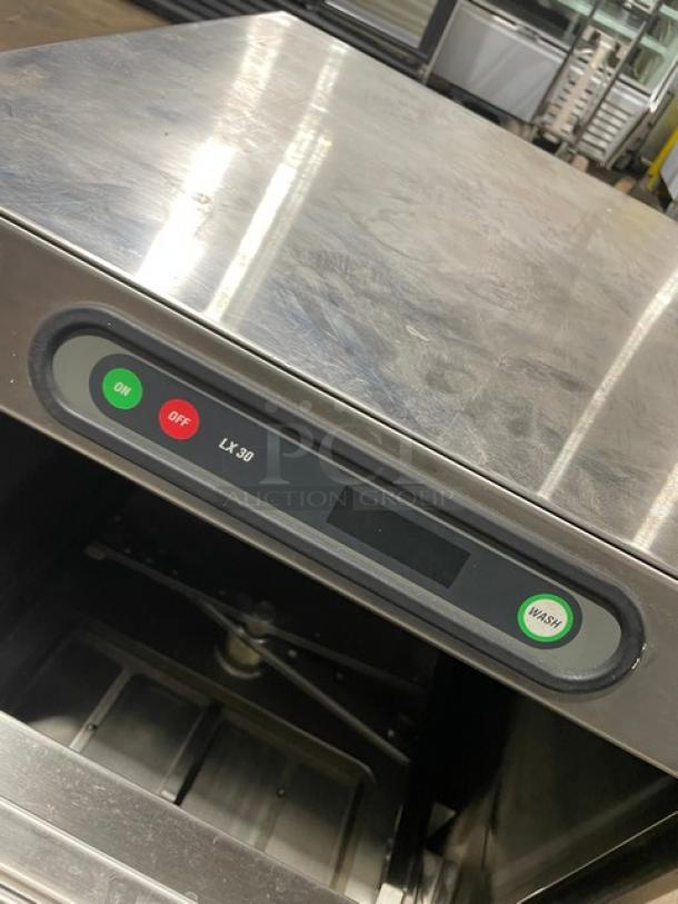 Hobart LX30H undercounter dishwasher, stainless steel, electric, good condition, features on/off and wash buttons.