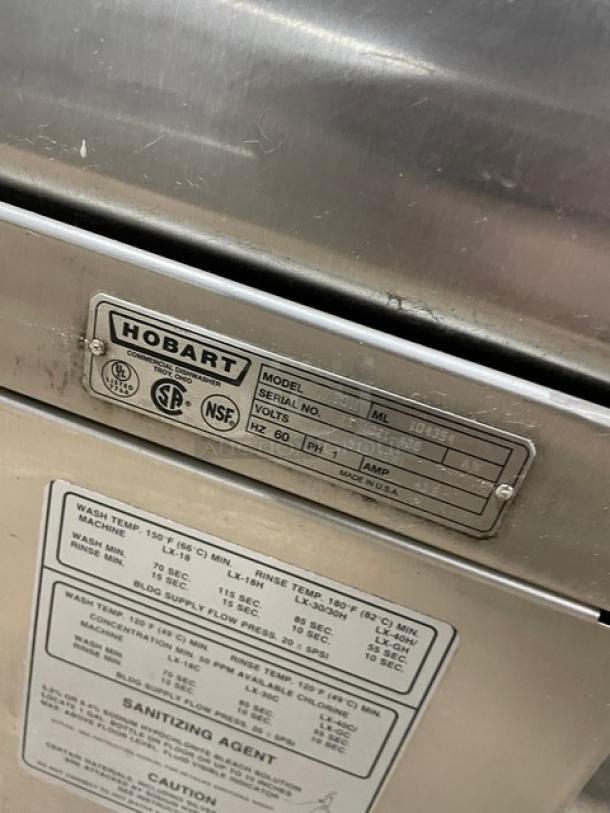 Hobart LX30H commercial stainless steel undercounter dishwasher, serial 104354, 120/208V, 1 phase, electric powered.
