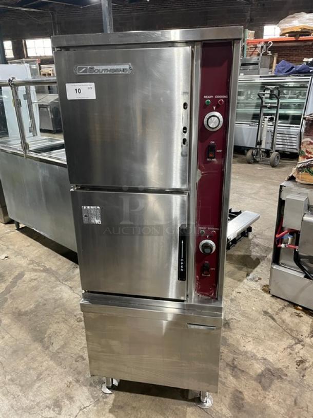 Southbend SX-55EC stainless steel dual compartment convection steamer with cabinet base, 208V 3 phase, on legs, SN: 93430-8LL-2809.