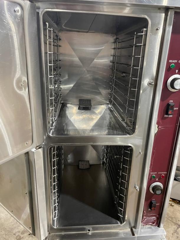 Southbend SX-55EC dual compartment convection steamer, stainless steel, enclosed cabinet base, 208V 3 phase, on legs.