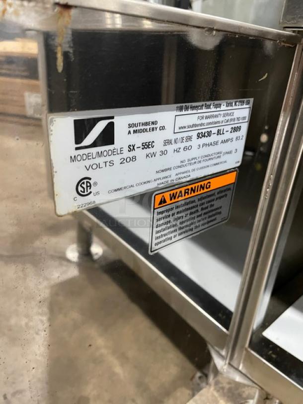 Southbend SX-55EC stainless steel convection steamer, dual compartments, enclosed cabinet base, 208V, 3 phase, on legs.