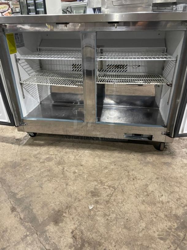 Entree UR48 stainless steel 2-door undercounter refrigerator, poly-coated wire racks, 115V, 1 phase, on casters, SN: 2210ENTB05251.