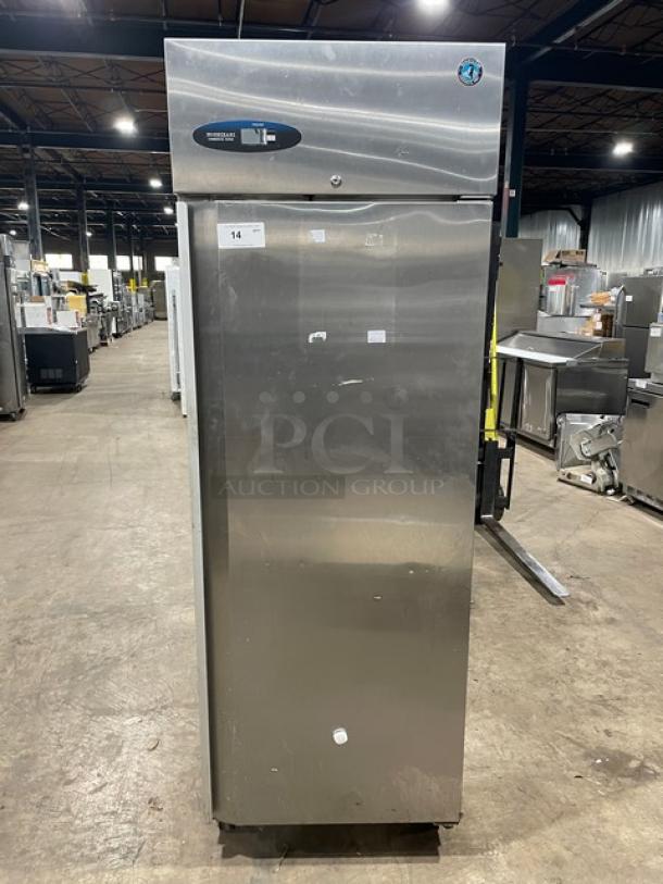 Hoshizaki CF1SFS commercial stainless steel single door reach-in freezer on casters, includes poly coated wire racks.