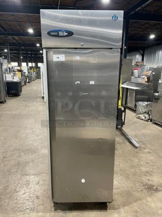 Hoshizaki CF1SFS commercial stainless steel single door reach-in freezer on casters, includes poly coated wire racks.