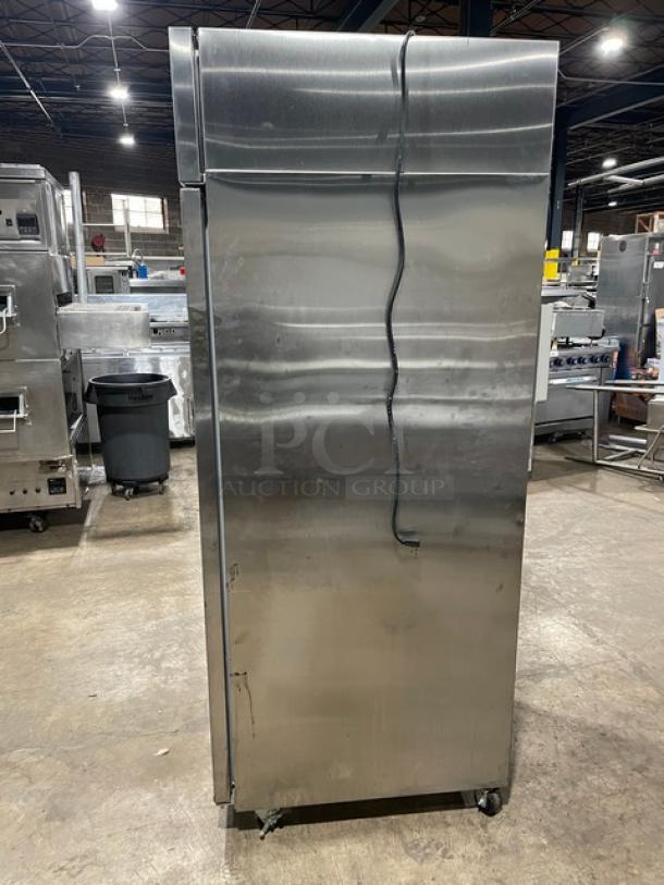 Hoshizaki CF1SFS single door stainless steel freezer, 115V, on casters, includes poly coated wire racks, commercial use.