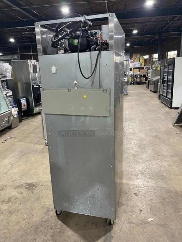 Hoshizaki CF1S-FS commercial stainless steel reach-in freezer, single door, poly-coated wire racks, on casters, 115V, 1 phase.
