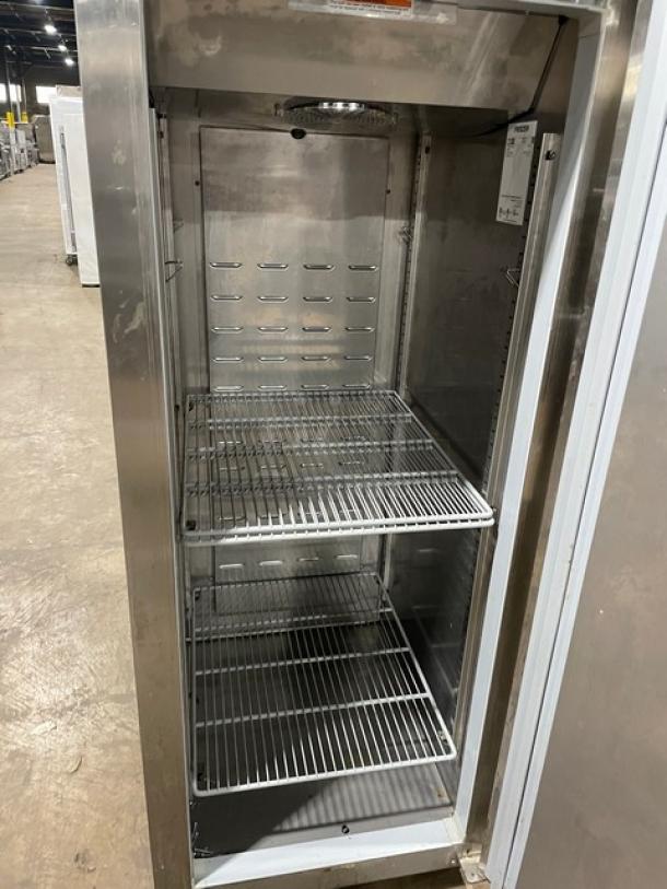 Hoshizaki CF1SFS commercial stainless steel single door reach-in freezer, poly coated wire racks, on casters, model CF1S-FS.