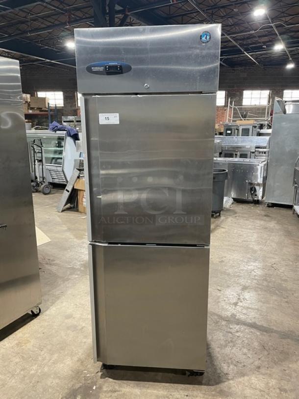 Hoshizaki CR1SHS commercial stainless steel half-door reach-in refrigerator with pan slides, Energy Star certified, on casters.