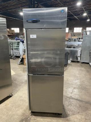 Hoshizaki CR1SHS commercial stainless steel half-door reach-in refrigerator with pan slides, Energy Star certified, on casters.
