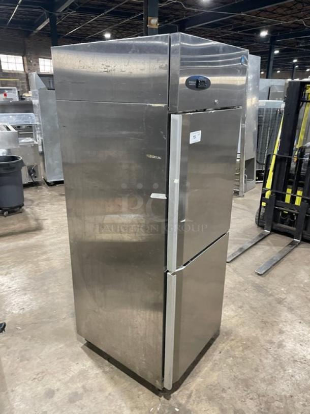 Hoshizaki CR1S-HS stainless steel half-door reach-in refrigerator, Energy Star, with pan slides, on casters, used.