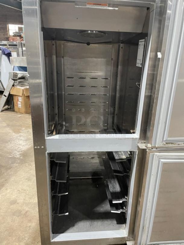 Hoshizaki CR1S-HS stainless steel reach-in refrigerator, solid half door, Energy Star certified, with pan slides, on casters.