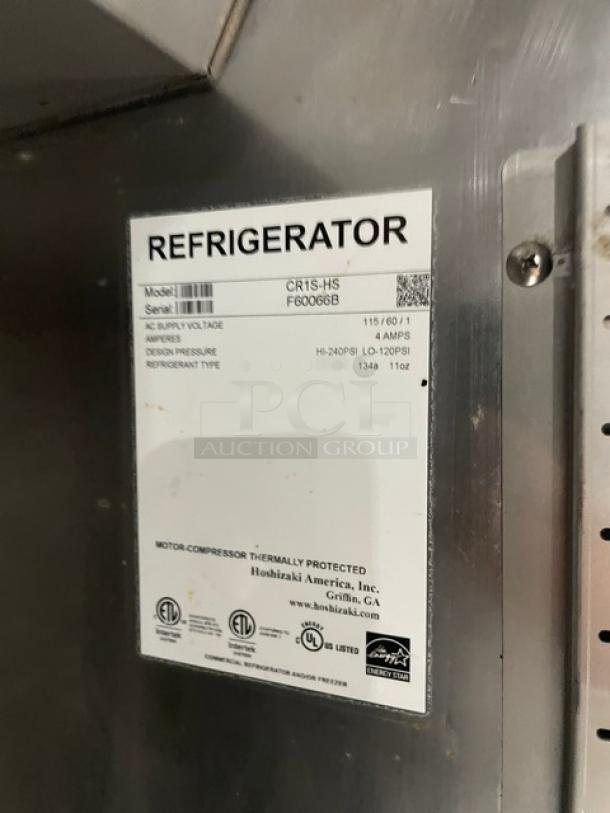 Hoshizaki CR1S-HS refrigerator label showing model and serial number. Energy Star certified. Includes safety and efficiency info.