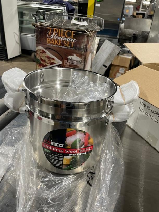 Brand new Winco Winware stainless steel induction-ready double boiler with cover, part of Master Cook Collection.