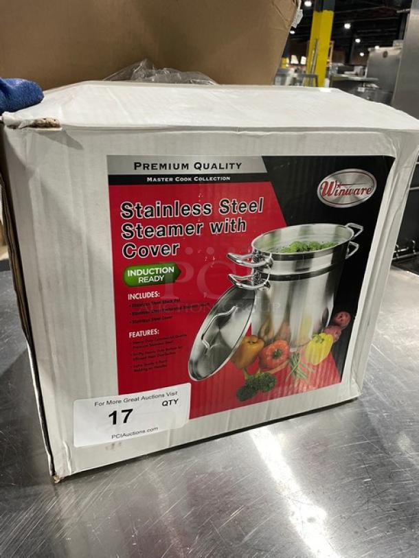 Brand new Winco Winware stainless steel induction-ready steamer with cover, in box. Part of Master Cook Collection.