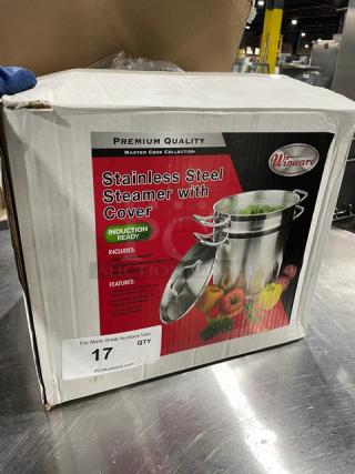 Brand new Winco Winware stainless steel induction-ready steamer with cover, in box. Part of Master Cook Collection.