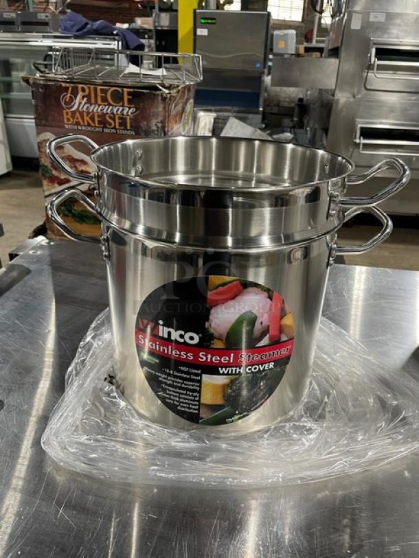 BRAND NEW Winco Winware Master Cook Collection stainless steel induction-ready steamer with cover, label visible.