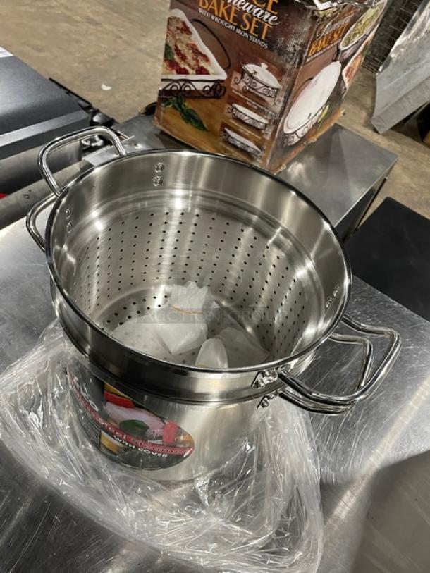 Brand new Winco Winware Master Cook stainless steel steamer with cover, induction ready, in packaging with handles and perforated insert.