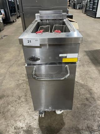 Empero commercial stainless steel electric deep fat fryer with basket hanger, fry baskets, and casters. Appears in good condition.