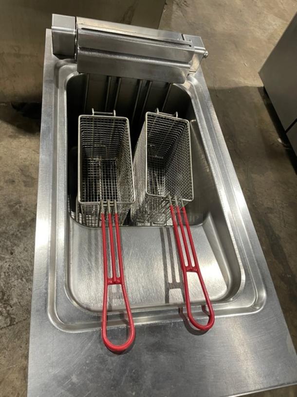 Empero commercial stainless steel electric deep fryer with basket hanger, two fry baskets, and casters.