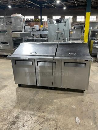 Turbo-Air MST-72-30-N stainless steel 3-door refrigerated prep table, features poly coated wire rack, on casters, 115V.
