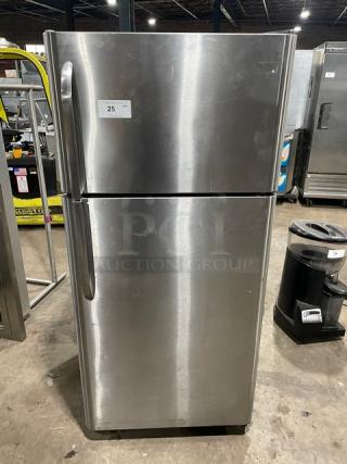 Frigidaire stainless steel dual section reach-in refrigerator/freezer, model FFTR1821QS3, with clear drawers and adjustable shelves.