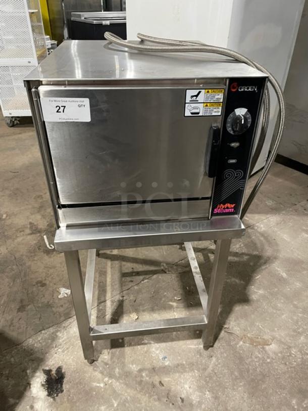 Groen Hyper Steam Series HY-3E stainless steel commercial countertop convection steamer, electric, with open base stand.