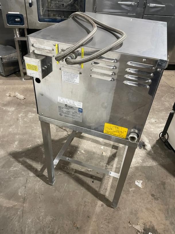 Groen HY-3E Steamer, stainless steel, 3 pan capacity, countertop model, with built-in pan racks, open base stand, 208V 3-phase.